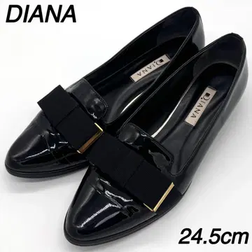 DIANA 24.5cm 에나멜 라운드토 리본 플랫슈즈 블랙