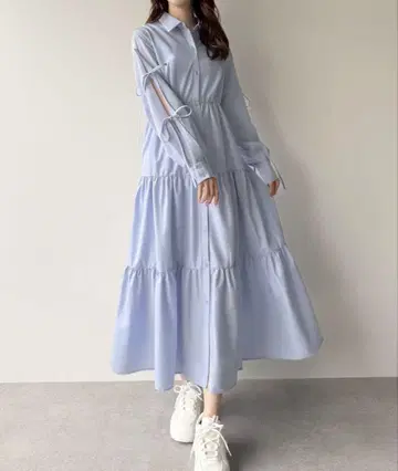 mipiarl 소매 리본 티어드 셔츠 원피스 페치 스커트 세트 블루 M