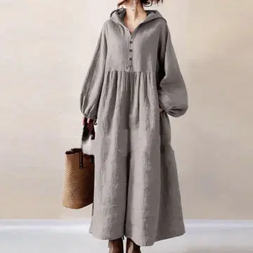 후드 부착 원피스 벌룬 소매 개더 스커트 롱 원피스 면 린넨