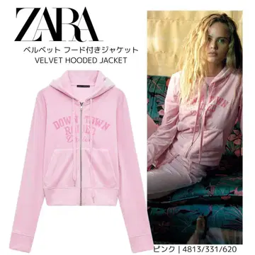 ZARA 벨벳 후드 부착 자켓 핑크