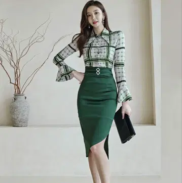1688shop 그린과 화이트 체크 무늬 원피스