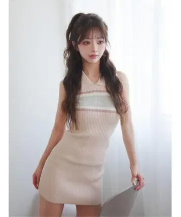 다리치 로고 아메슬리 니트 원피스 핑크