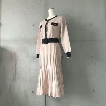 택 포함 새상품 벨트 포함 바이컬러 니트 원피스 핑크 베이지 M