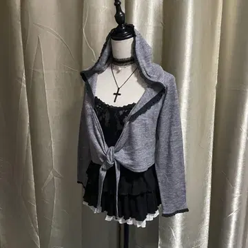 후드 부착 니트 가디건 프릴 아마로리 페어리 그런지
