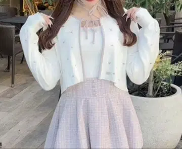 evelyn 하트 초커 가디건 화이트 핑크 양산형 걸리시