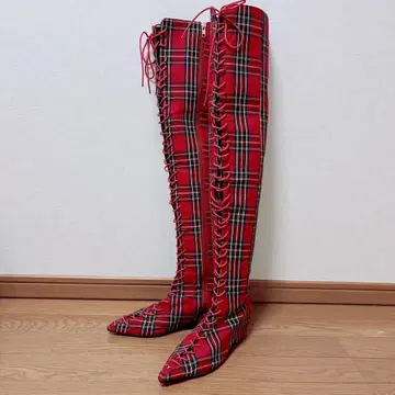 [ 미사용급 ] yello 니하이 부츠 23.5cm 체크 무늬 레드