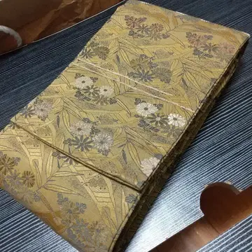 명문 교토 오비 골드 컬러 양면 꽃무늬 반폭 오비