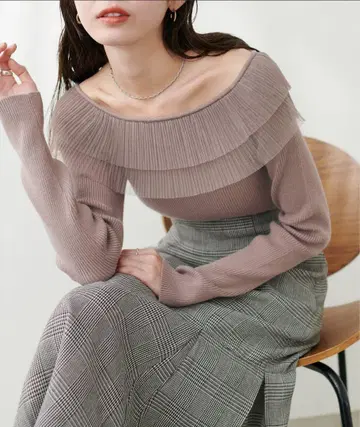 내추럴 꾸뛰르 플리츠 튤 카라 리브 니트 풀오버