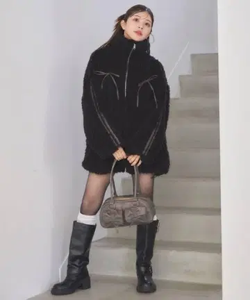사이드 라인 리본 보아 블루종 블랙