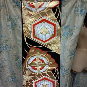 순수 실크 인기 색상 블랙 골드 육통 후쿠로 오비 미사용 새상품