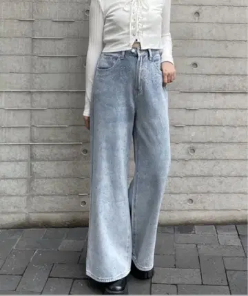 [작은 키 사이즈 있음] 큐빅 장식 빈티지 와이드 데님 팬츠