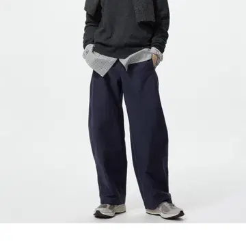 유니클로 저지 배럴 레그 팬츠 네이비 와이드 팬츠