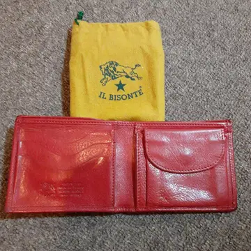 IL BISONTE 빨간색 천연 가죽 이단 접이식 지갑