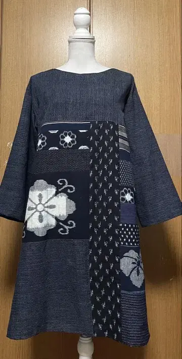 기모노 리메이크 무늬 등 목화 패치워크 A라인 튜닉 원피스 그림 무늬