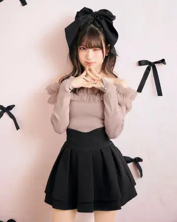 미셸 마카롱 튤 프릴 니트탑 핑크 베이지