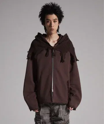 [ GRANCY ] 니트 레이어드 디자인 지퍼 후디 브라운 M