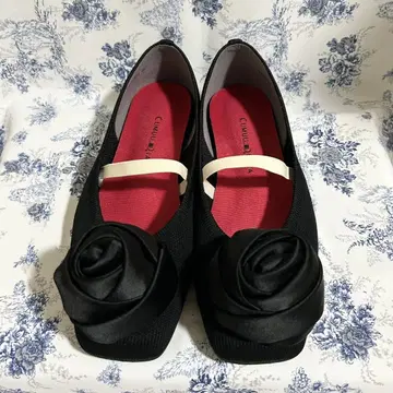 다이애나 장미 코사지 니트 발레 슈즈 펌프스 22cm