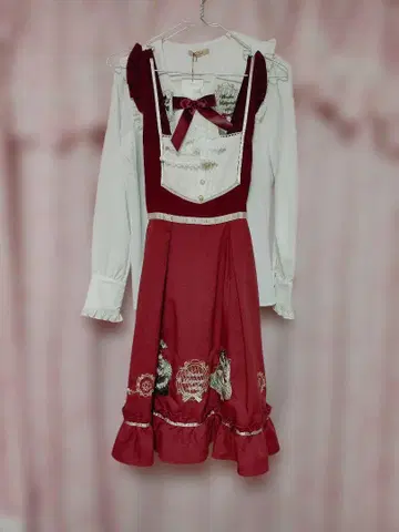 아마벨 고양이 자수 점프스커트 블라우스 보르도 2세트