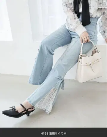 MAJESTIC LEGON 레이스 벨트 세트 밑단 리본 데님 색스