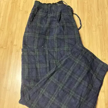 네이비 그린 체크 와이드 팬츠