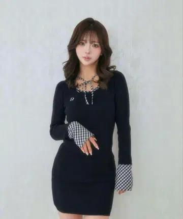 Darich 다리치 체크 리본 니트 미니 원피스