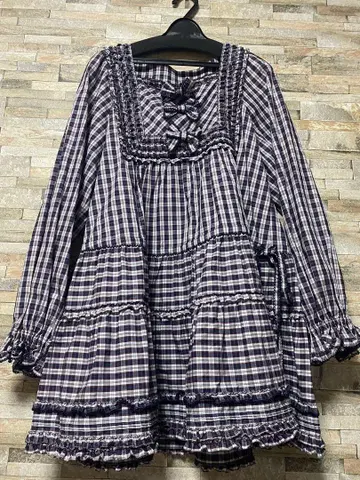 리본 포함 프릴 튜닉 네이비 계열 깅엄 체크 핑크하우스