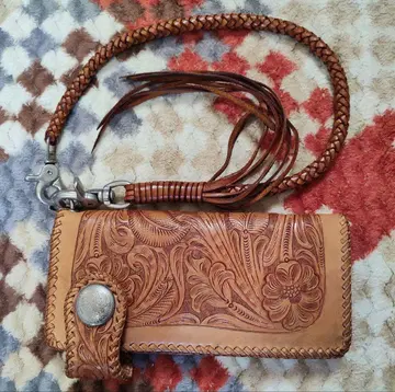 천연 가죽 바이커스 지갑 카빙 가죽 체인 부착 장지갑