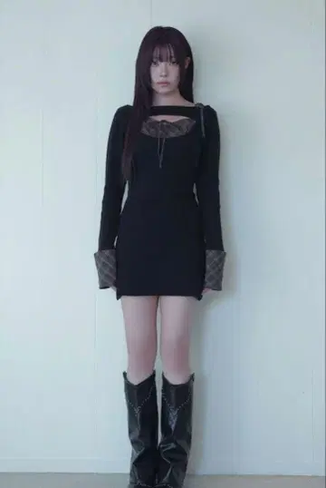 오픈 리본 체크 원피스