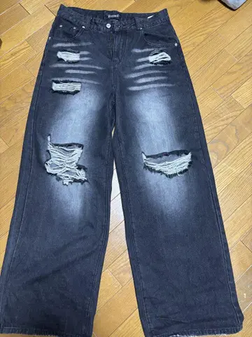 데미지 블랙 데님 와이드