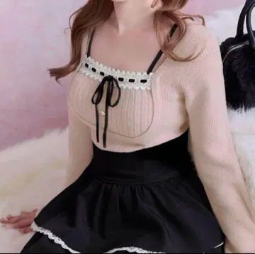 미셸 마카롱 리본 리브 니트탑 프리 핑크