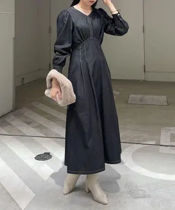 다크 데님 롱 원피스 긴팔