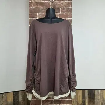 LARU 라루 티셔츠 브라운 여성용 긴팔 레이어드 개더 4L