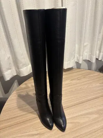 블랙 가죽 롱 부츠 하이힐