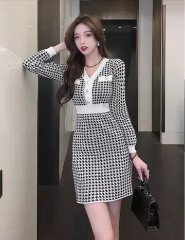 새상품 2가지 색상 선택 가능 하운드 투스 패턴 미니 원피스