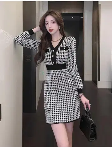 새상품 2가지 색상 선택 가능 하운드 투스 패턴 미니 원피스