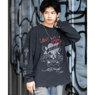 Ed Hardy 스컬 프린트 롱 슬리브 T셔츠
