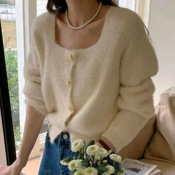DAZY 스퀘어넥 샤기 퍼지 캐주얼 가디건 가을 옷