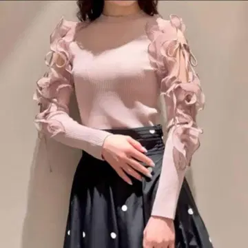 SNIDEL 플리츠프릴 도킹 니트 풀오버 핑크
