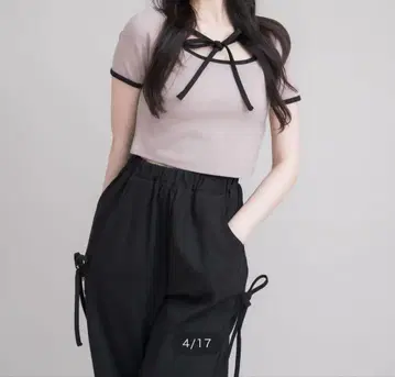 pium 스톤 로고 리본 테이프 팬츠 세트 핑크 x 블랙