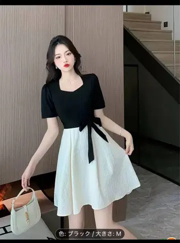 새상품 블랙/화이트 반팔 무릎 기장 원피스 M