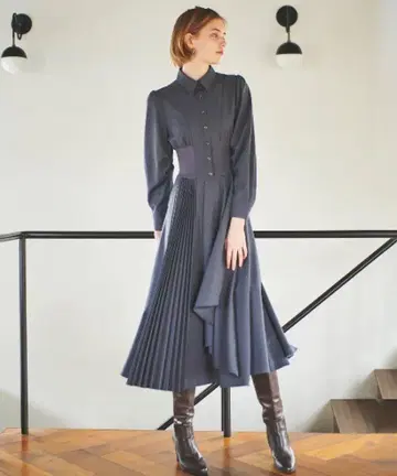 And Couture 허리 리브 아지메 플리츠 셔츠 원피스 그레이
