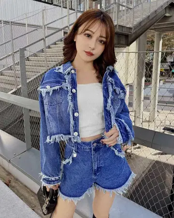 프린지 데님 자켓 & 숏팬츠 세트