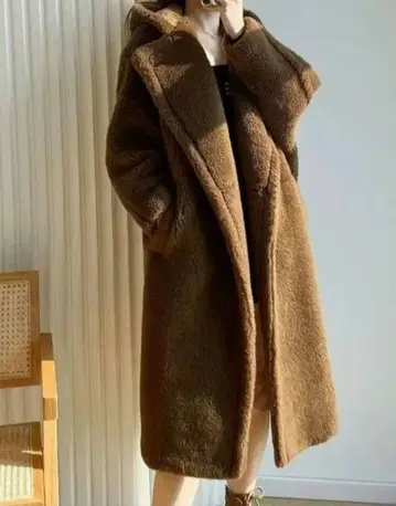 브라운 오버 사이즈 보아 코트 테디베어 롱 코트