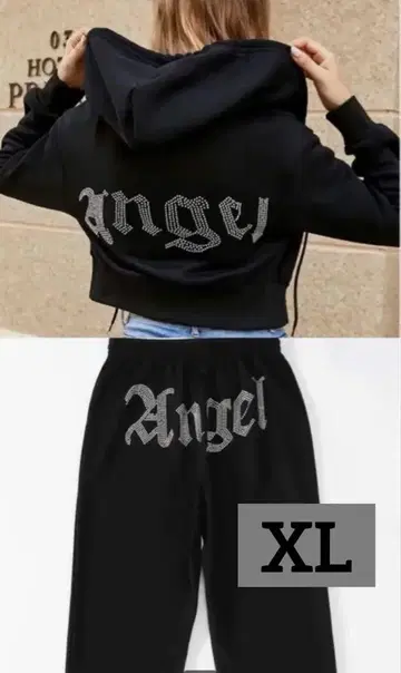 shein 블랙 angel 프린트 후드 부착 크롭 셋업