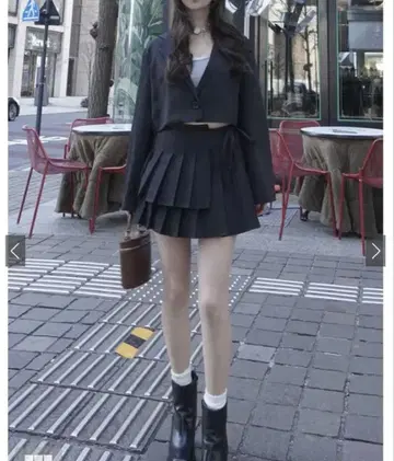 크롭 기장 자켓 x 플리츠 미니 스커트 셋업