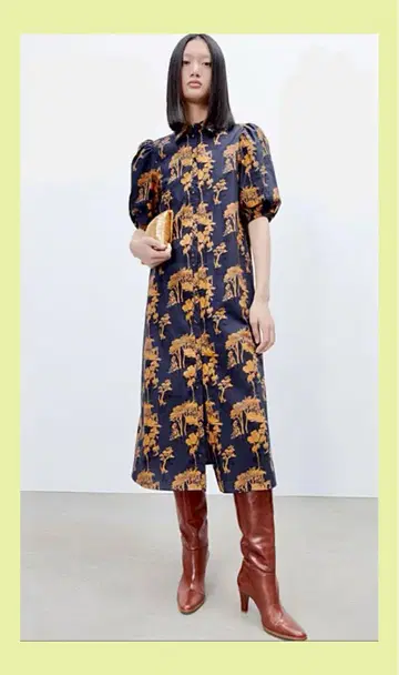 Zara 프린트 패턴 포플린 원피스 플레어 퍼프 슬리브