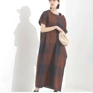 새상품 택 포함 OMNES 코튼 슬라브 체크 롱 원피스 가을 브라운