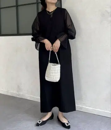 새상품급 시스루 소매 블랙 롱 원피스 드레스