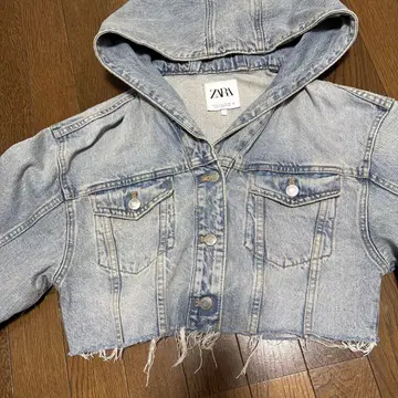 ZARA 후드 부착 크롭 데미지 가공 데님 자켓 M