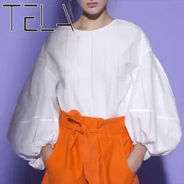 TELA 테라 볼륨 소매 벌룬 슬리브 긴팔 블라우스 화이트 스트라이프